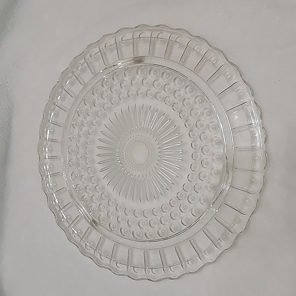 (2/$15) Vintage Federal Clear Glass Sunflower And Bubble Footed Cake Plate